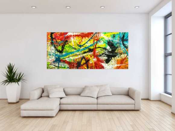 Gemälde Original abstrakt 90x200cm Action Painting expressionistisch handgefertigt Splash Art bunt rot gelb einzigartig