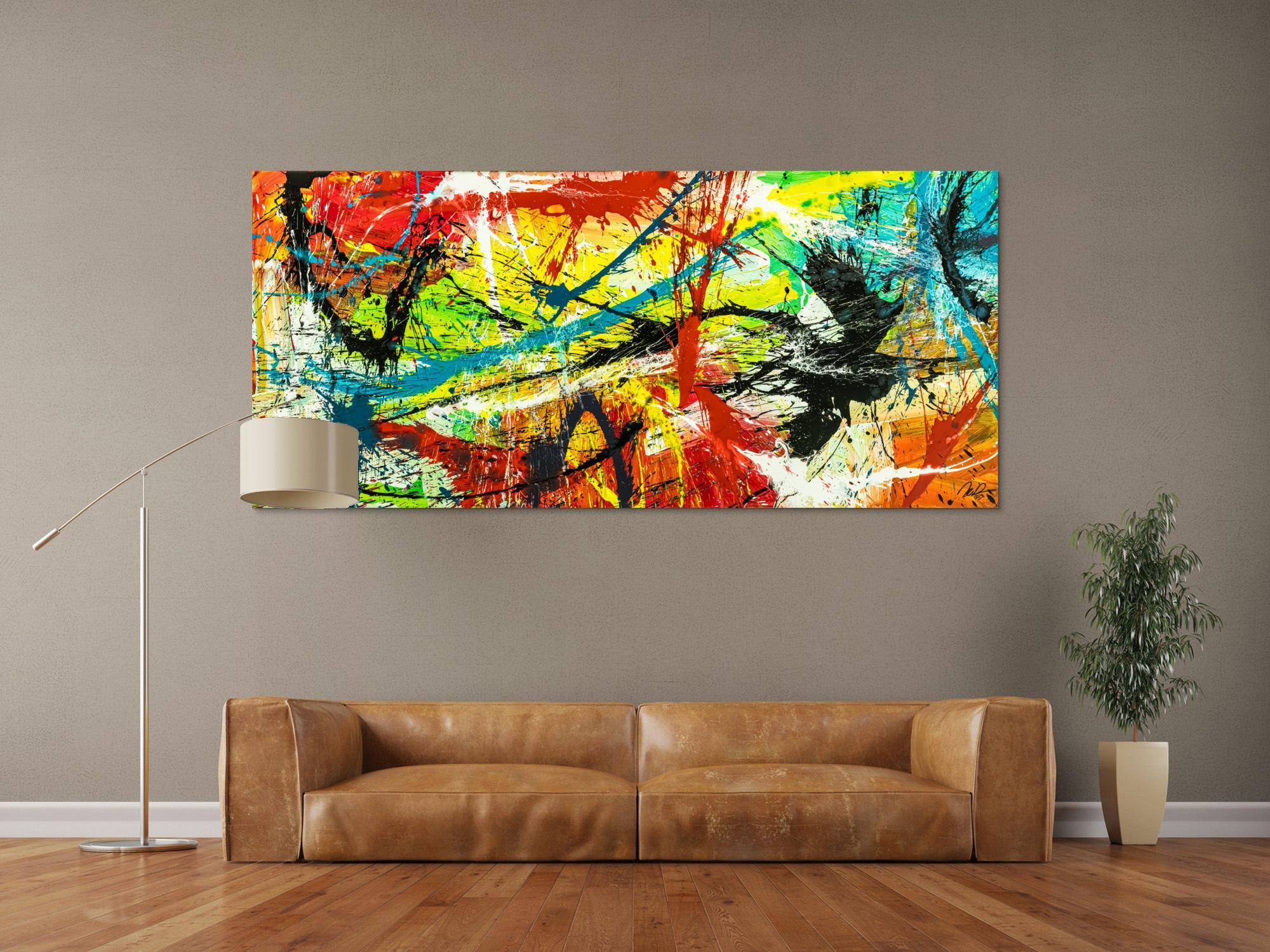 Gemälde Original abstrakt 90x200cm Action Painting expressionistisch handgefertigt Splash Art bunt rot gelb einzigartig