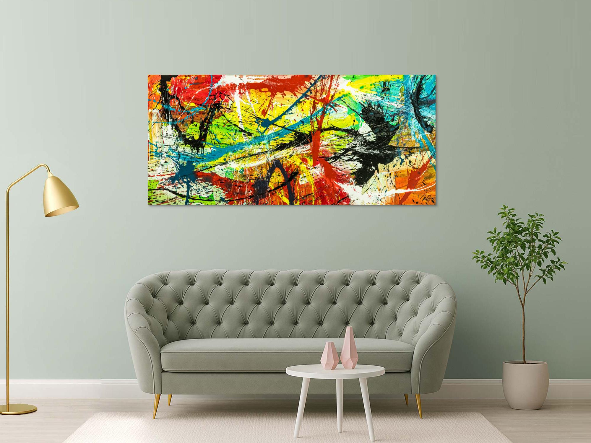 Gemälde Original abstrakt 90x200cm Action Painting expressionistisch handgefertigt Splash Art bunt rot gelb einzigartig