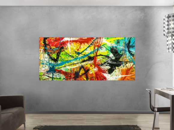 Gemälde Original abstrakt 90x200cm Action Painting expressionistisch handgefertigt Splash Art bunt rot gelb einzigartig