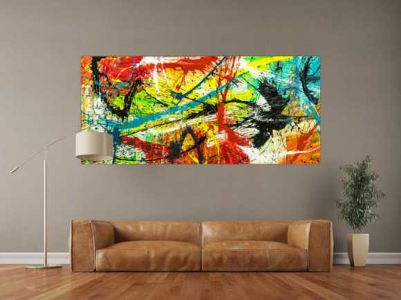 Gemälde Original abstrakt 90x200cm Action Painting expressionistisch handgefertigt Splash Art bunt rot gelb einzigartig