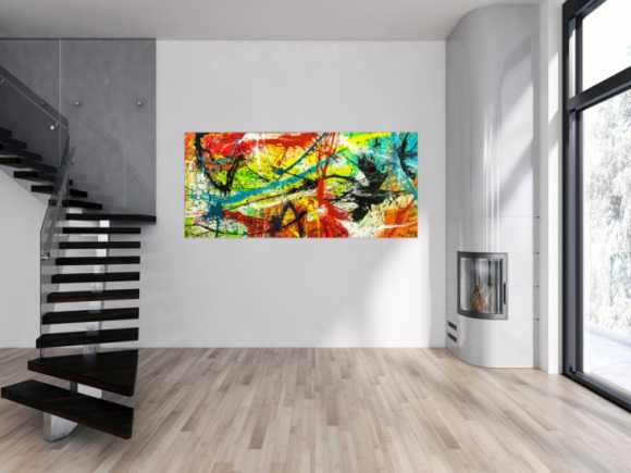 Gemälde Original abstrakt 90x200cm Action Painting expressionistisch handgefertigt Splash Art bunt rot gelb einzigartig