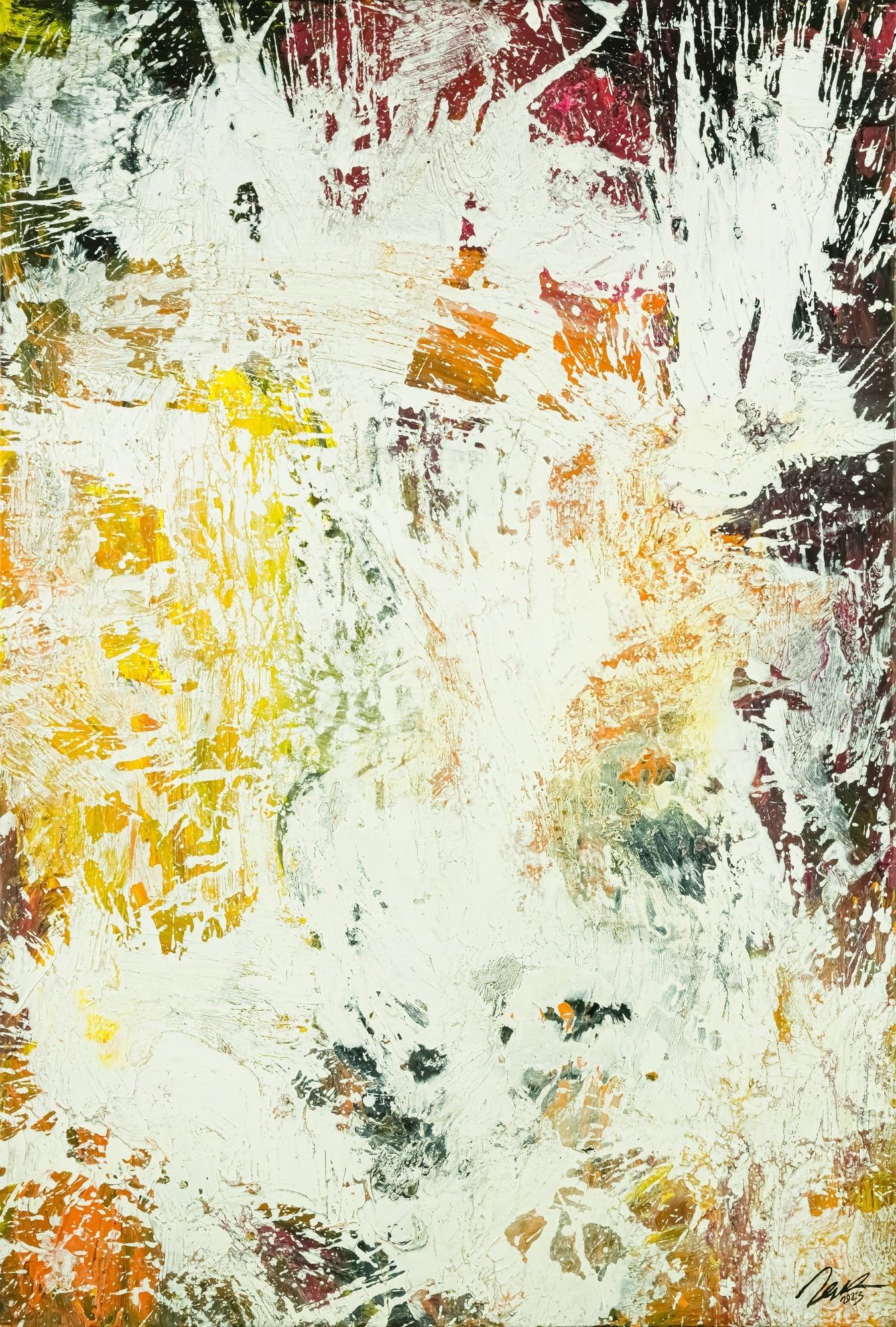 Abstraktes Original Gemälde 150x100cm Action Painting zeitgenössisch handgefertigt Mischtechnik weiß orange hochwertig