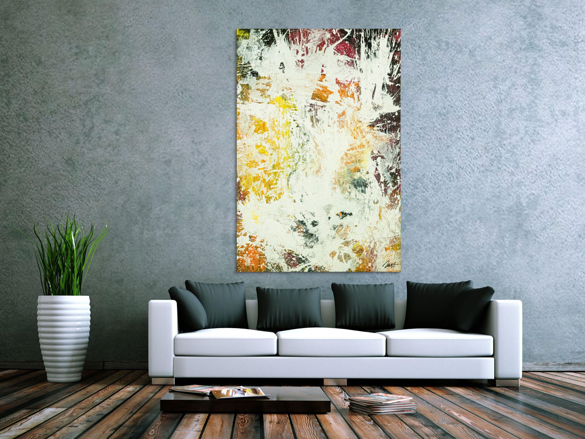 Abstraktes Original Gemälde 150x100cm Action Painting zeitgenössisch handgefertigt Mischtechnik weiß orange hochwertig