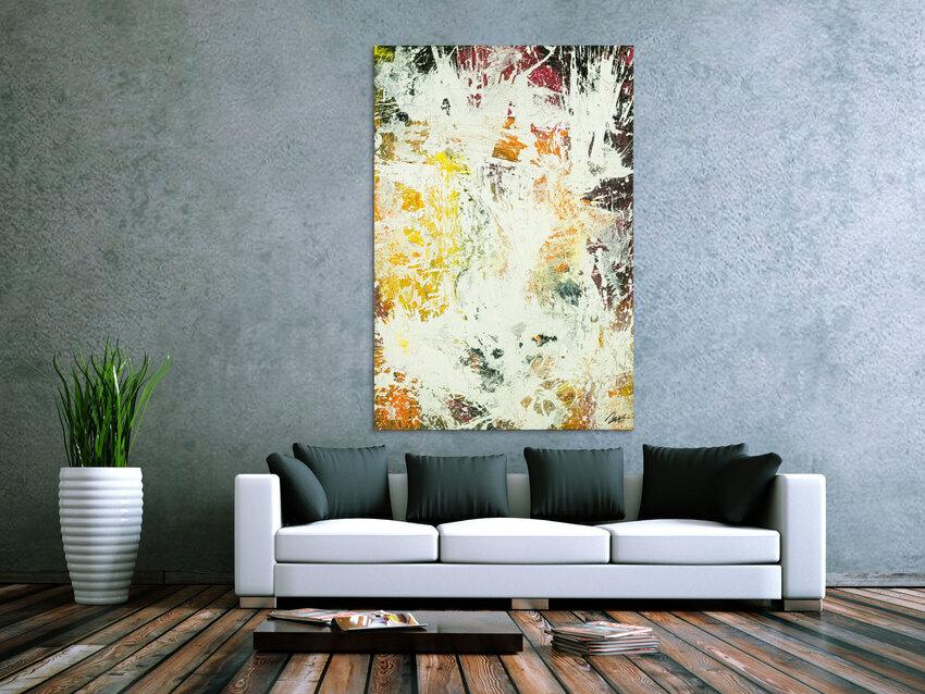 Abstraktes Original Gemälde 150x100cm Action Painting zeitgenössisch handgefertigt Mischtechnik weiß orange hochwertig