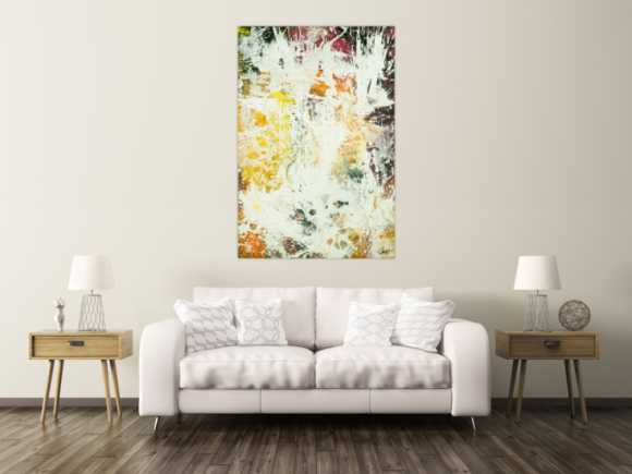 Abstraktes Original Gemälde 150x100cm Action Painting zeitgenössisch handgefertigt Mischtechnik weiß orange hochwertig