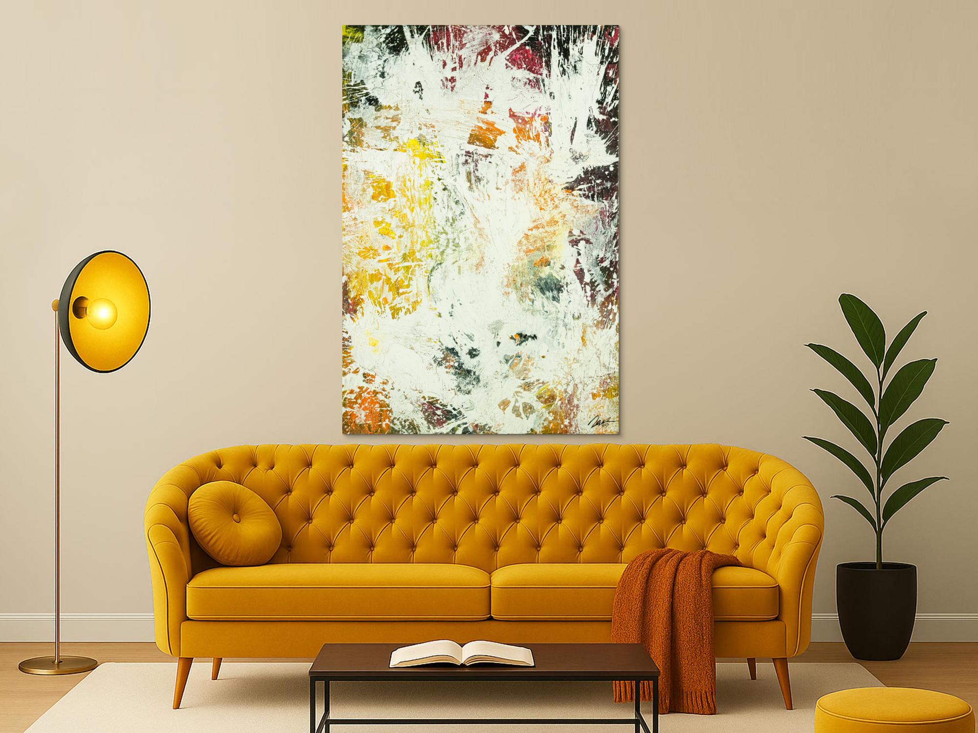 Abstraktes Original Gemälde 150x100cm Action Painting zeitgenössisch handgefertigt Mischtechnik weiß orange hochwertig