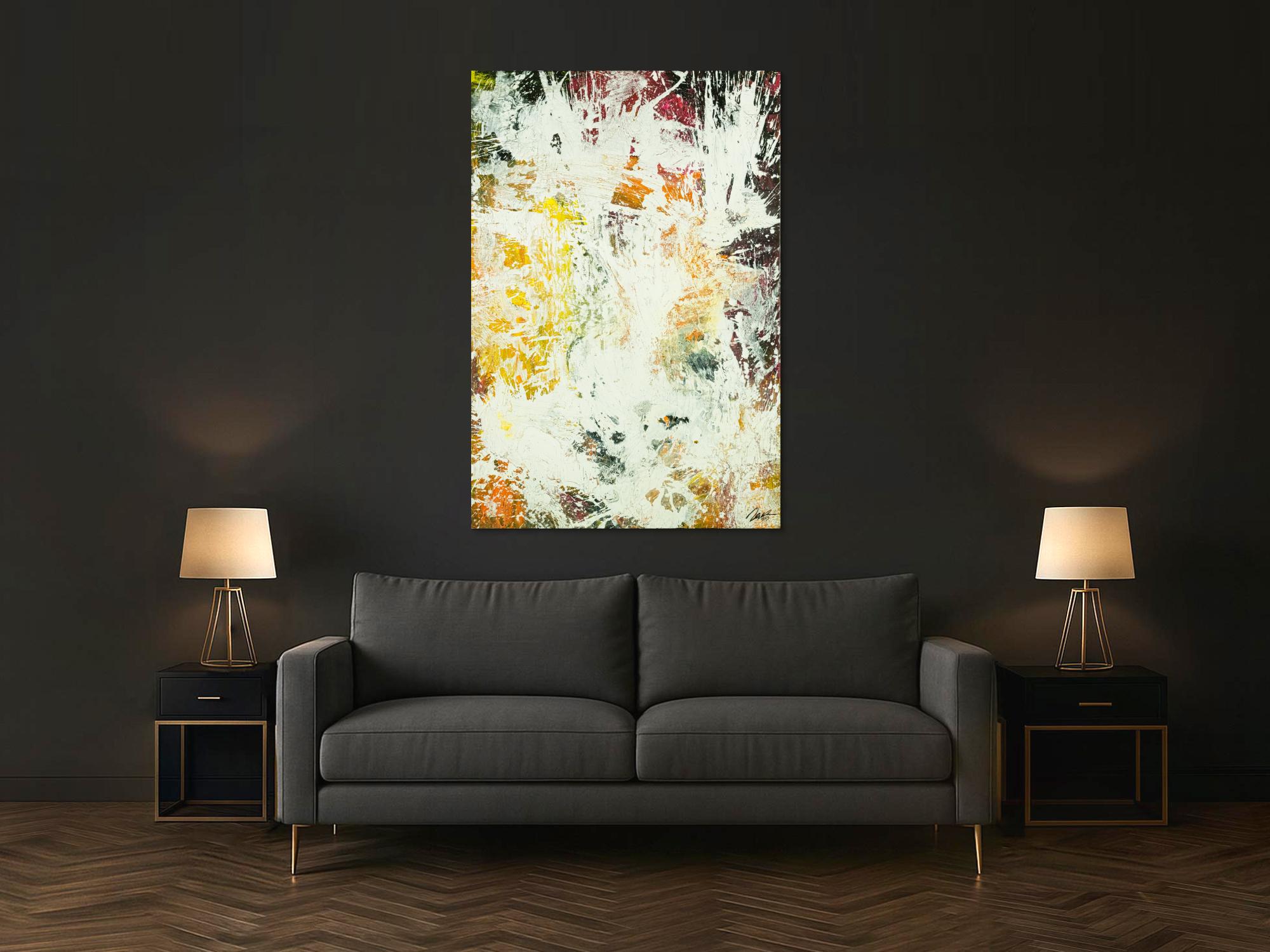 Abstraktes Original Gemälde 150x100cm Action Painting zeitgenössisch handgefertigt Mischtechnik weiß orange hochwertig