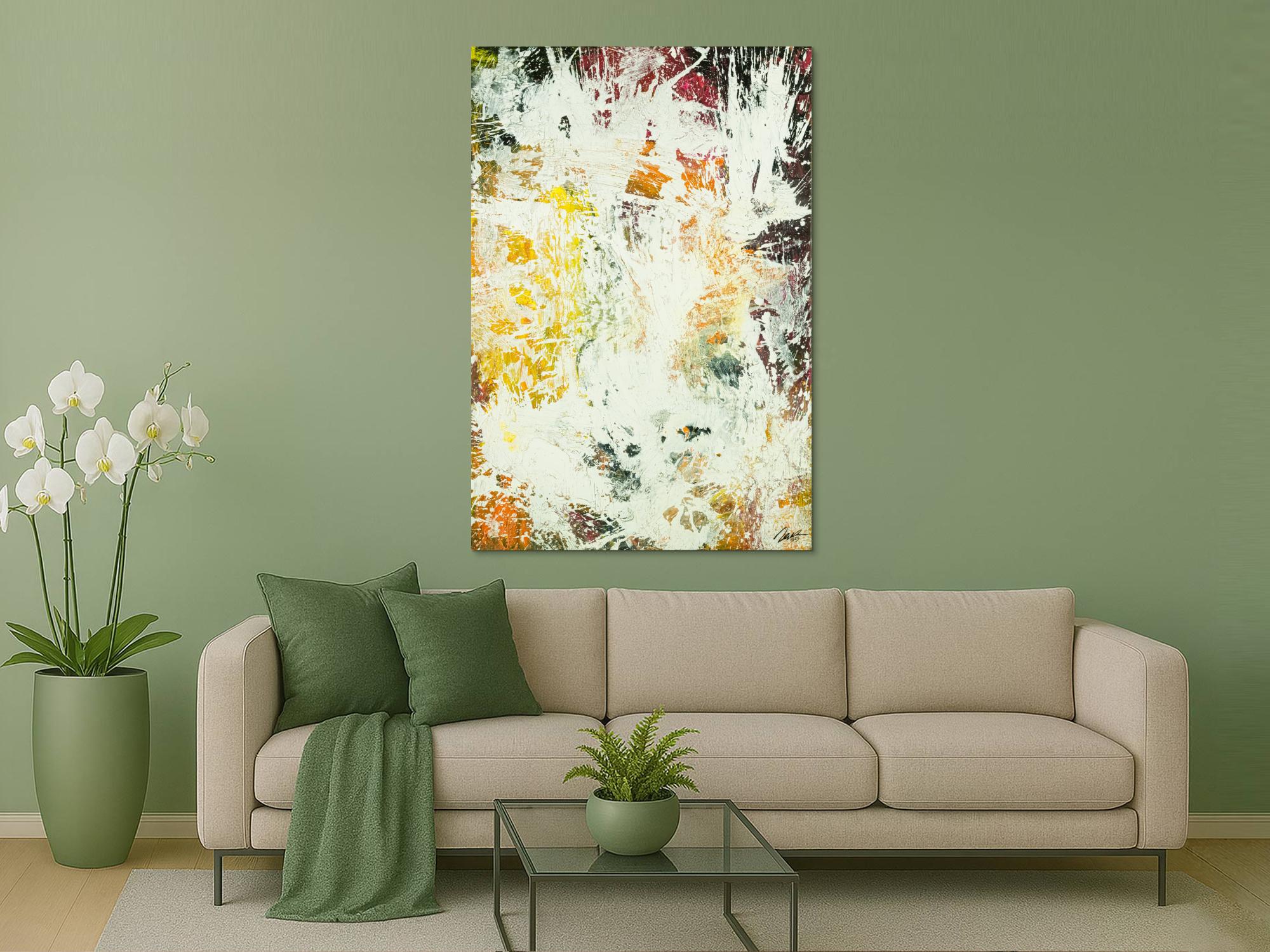 Abstraktes Original Gemälde 150x100cm Action Painting zeitgenössisch handgefertigt Mischtechnik weiß orange hochwertig