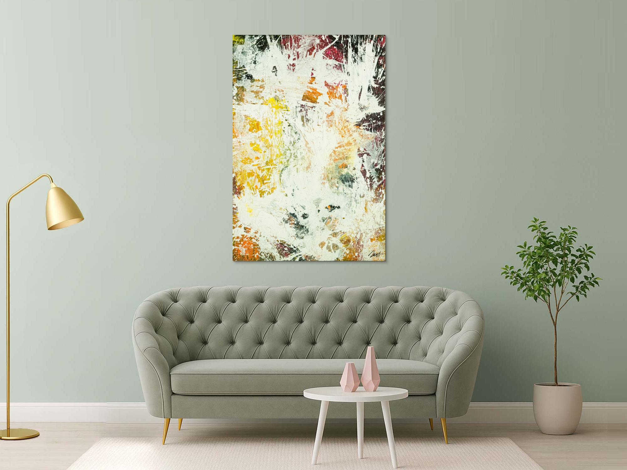 Abstraktes Original Gemälde 150x100cm Action Painting zeitgenössisch handgefertigt Mischtechnik weiß orange hochwertig