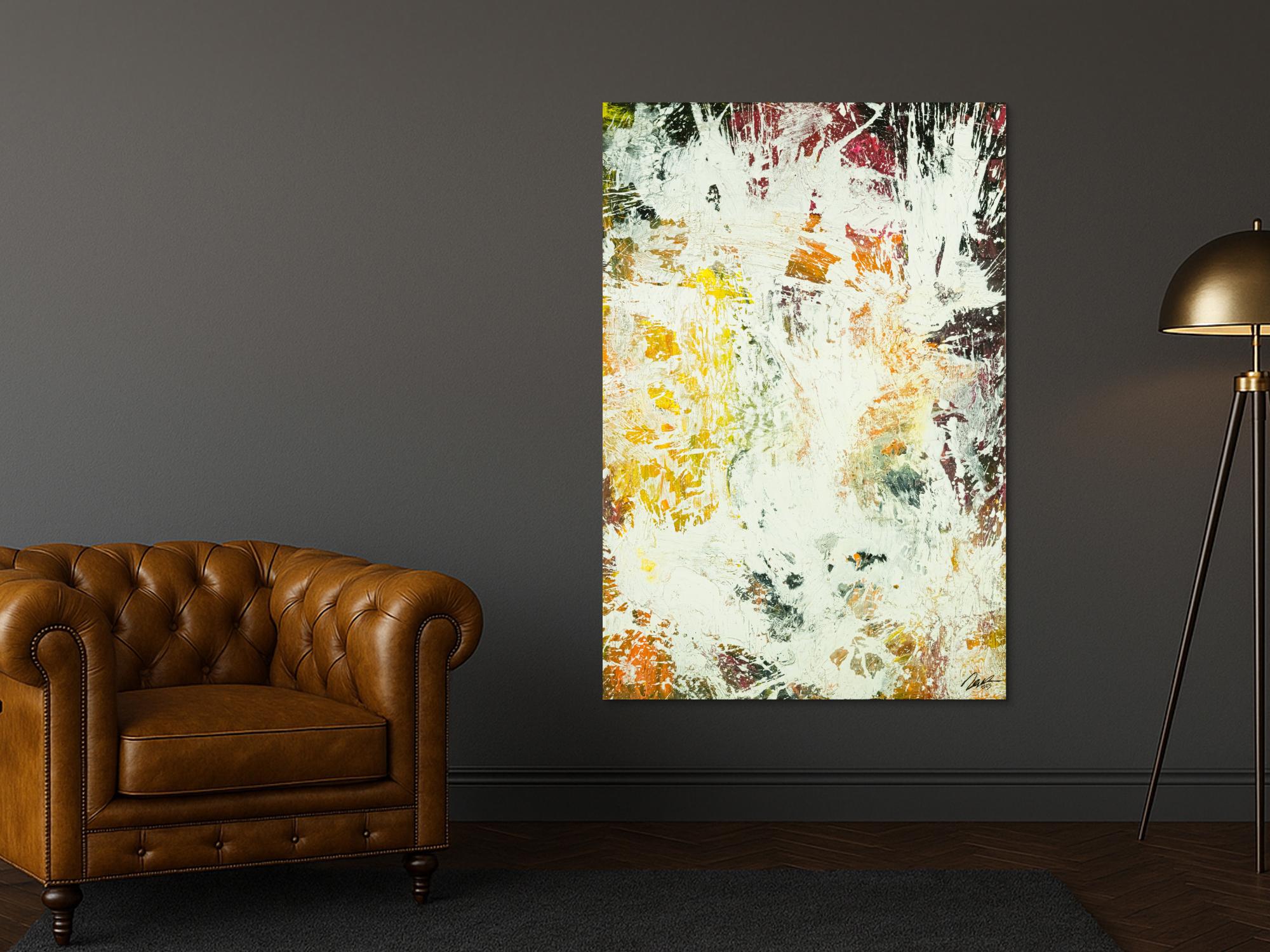 Abstraktes Original Gemälde 150x100cm Action Painting zeitgenössisch handgefertigt Mischtechnik weiß orange hochwertig