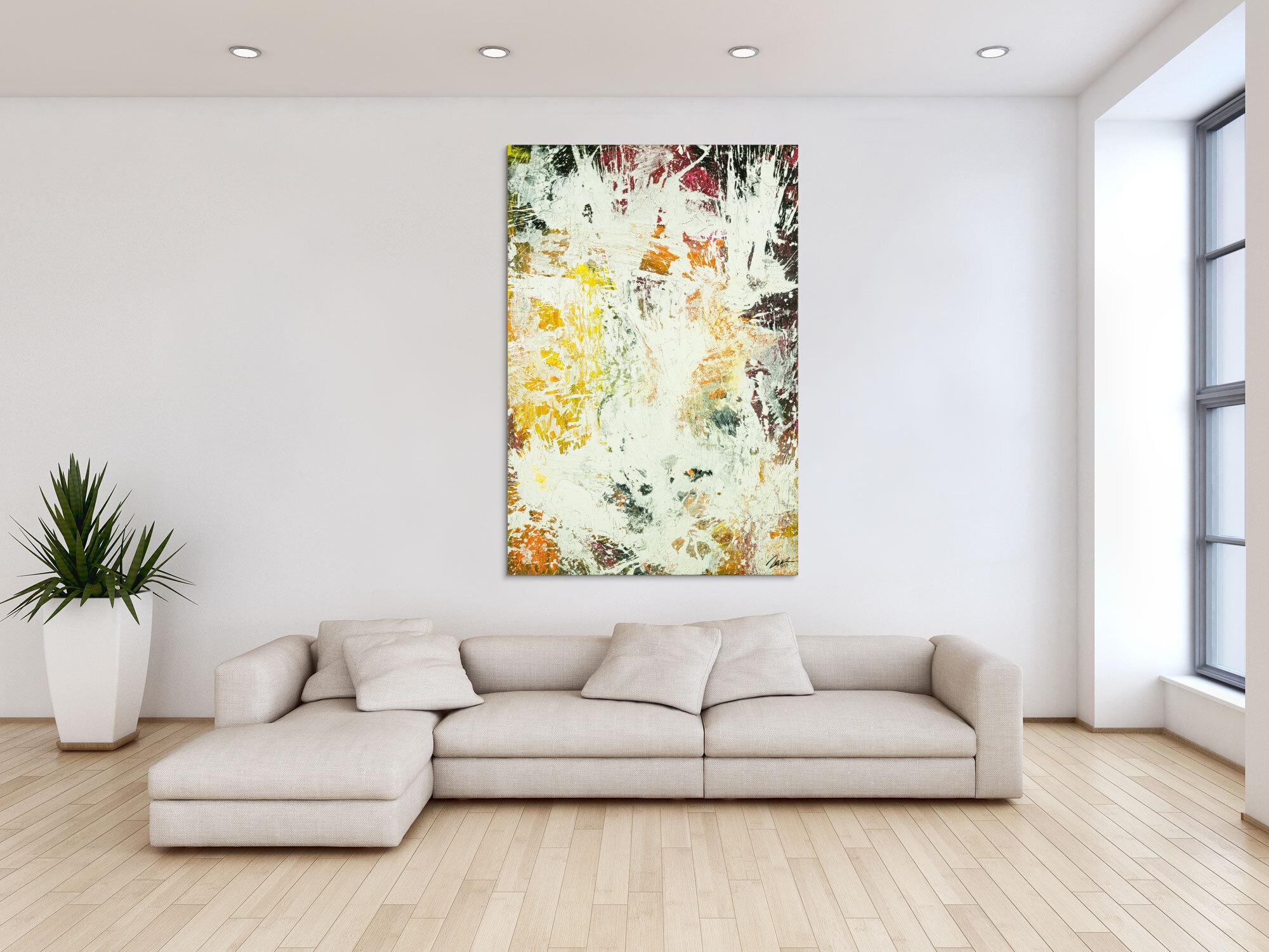 Abstraktes Original Gemälde 150x100cm Action Painting zeitgenössisch handgefertigt Mischtechnik weiß orange hochwertig