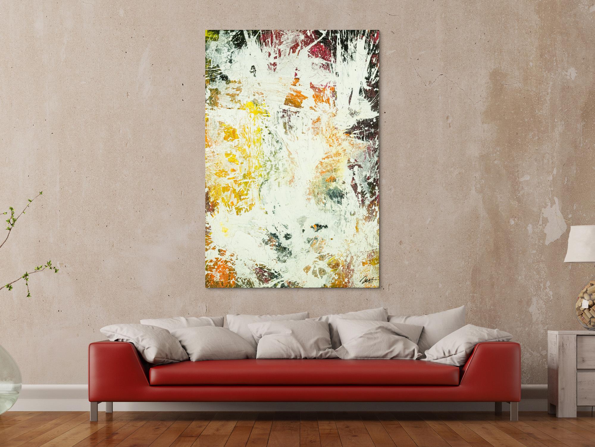 Abstraktes Original Gemälde 150x100cm Action Painting zeitgenössisch handgefertigt Mischtechnik weiß orange hochwertig