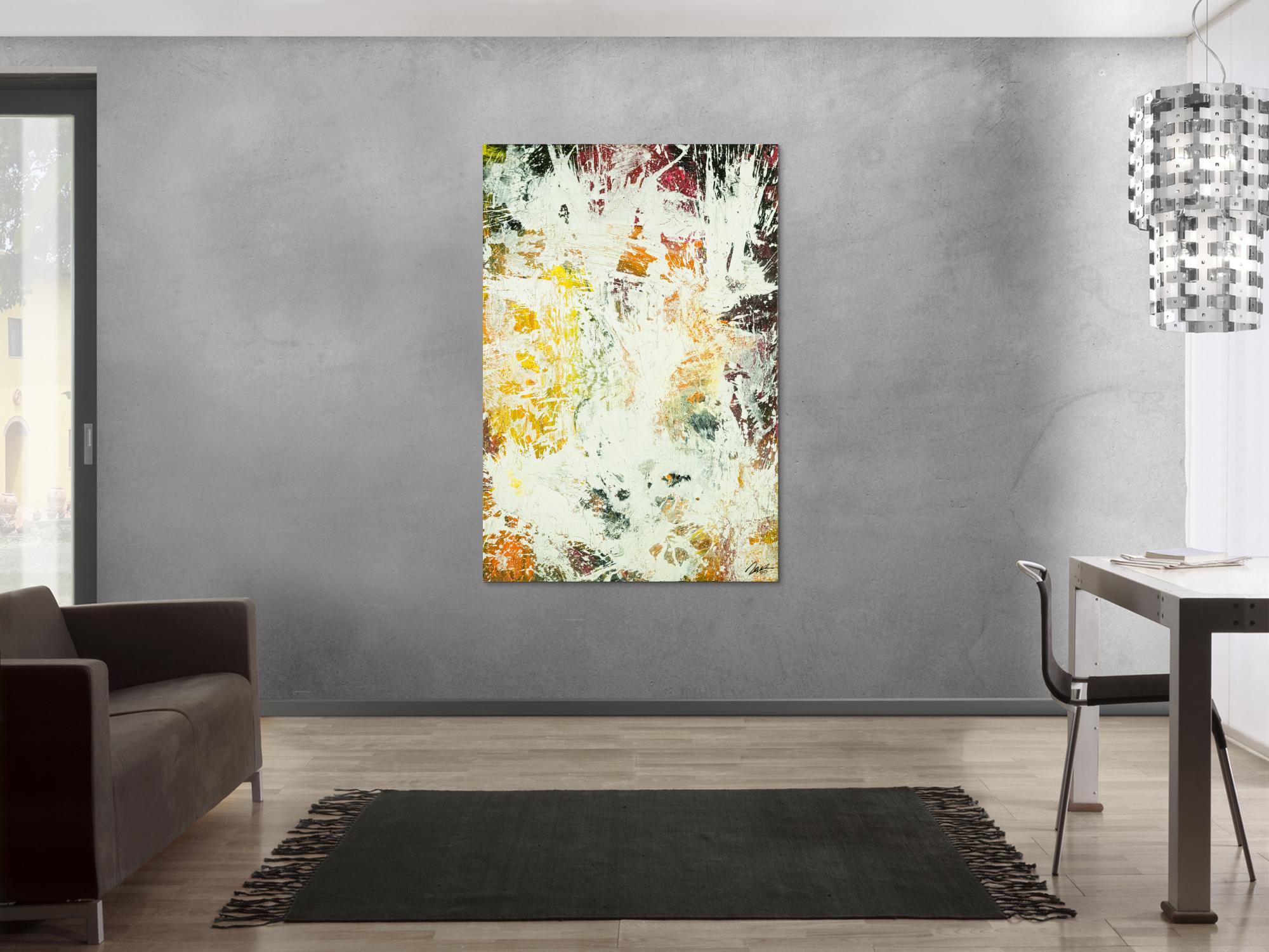 Abstraktes Original Gemälde 150x100cm Action Painting zeitgenössisch handgefertigt Mischtechnik weiß orange hochwertig