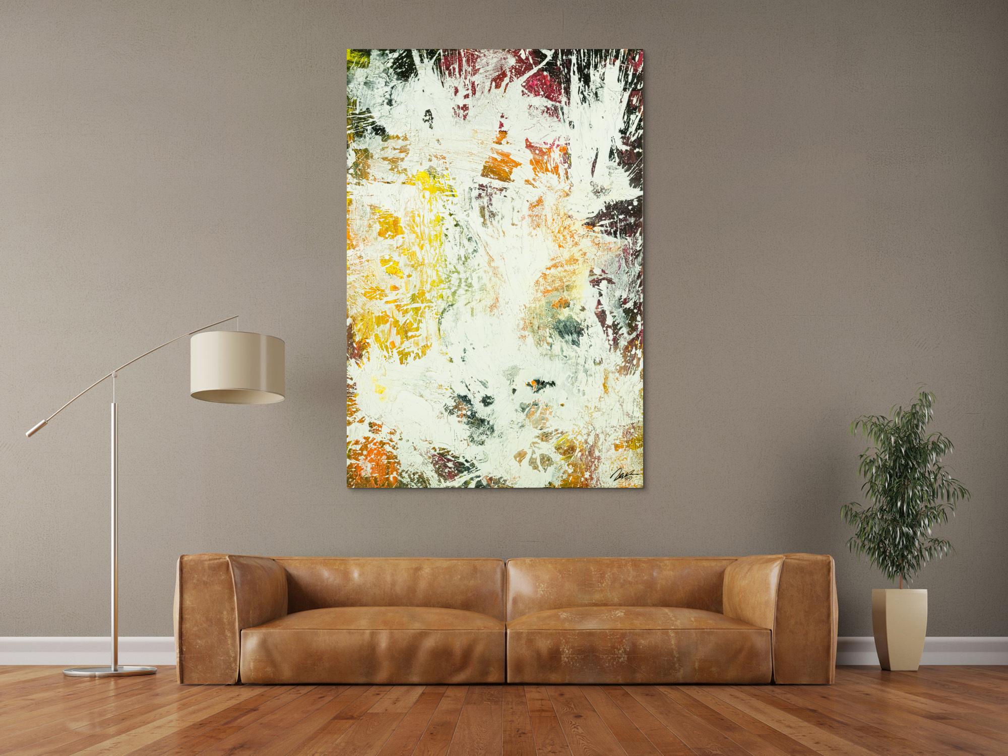 Abstraktes Original Gemälde 150x100cm Action Painting zeitgenössisch handgefertigt Mischtechnik weiß orange hochwertig