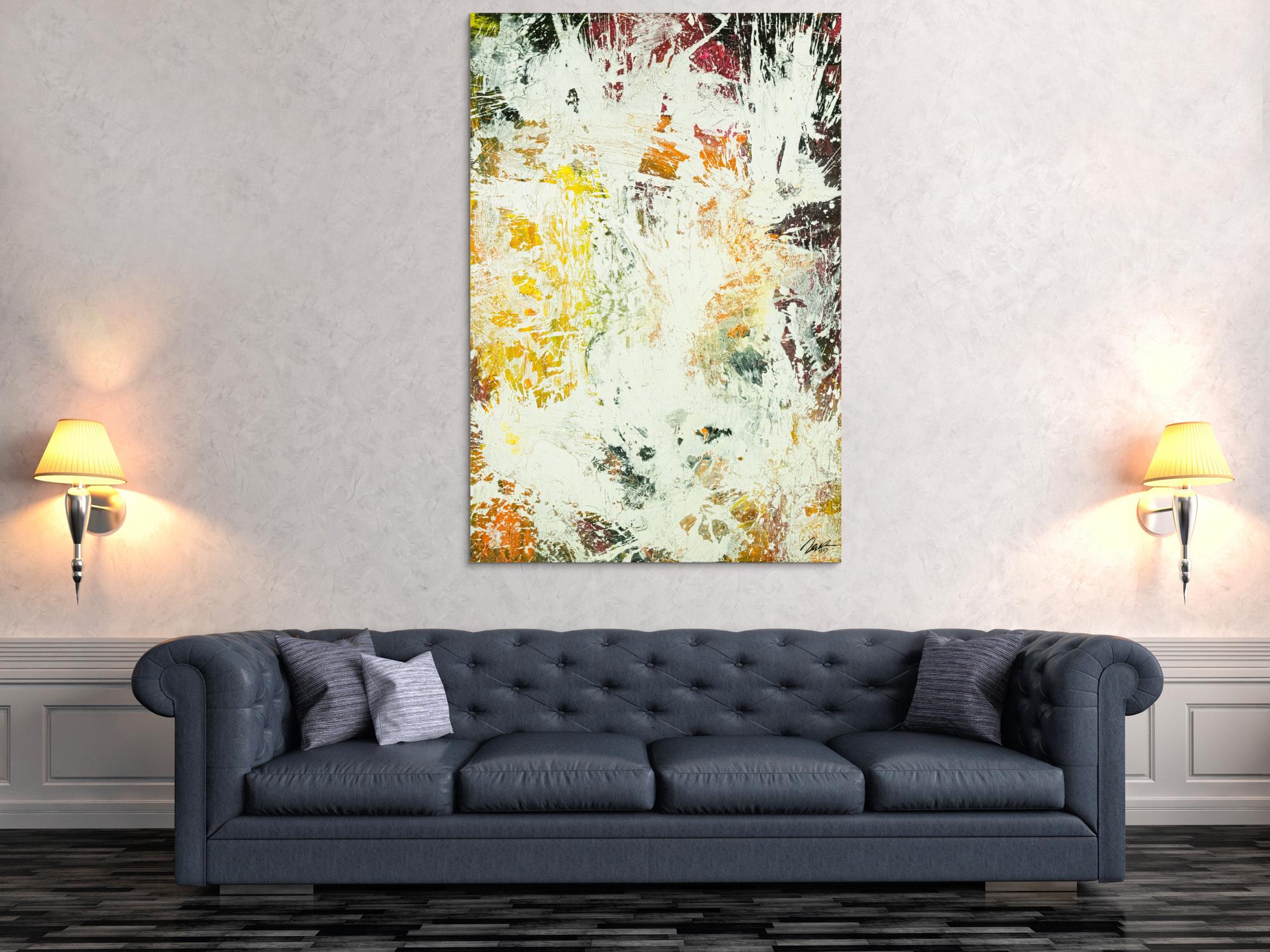 Abstraktes Original Gemälde 150x100cm Action Painting zeitgenössisch handgefertigt Mischtechnik weiß orange hochwertig