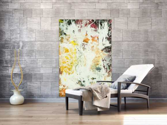 Abstraktes Original Gemälde 150x100cm Action Painting zeitgenössisch handgefertigt Mischtechnik weiß orange hochwertig
