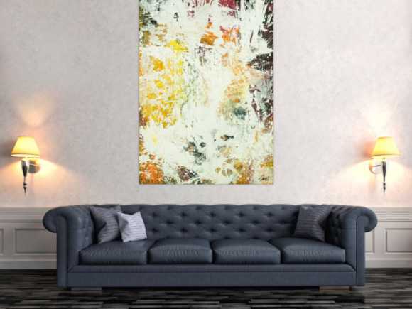 Abstraktes Original Gemälde 150x100cm Action Painting zeitgenössisch handgefertigt Mischtechnik weiß orange hochwertig