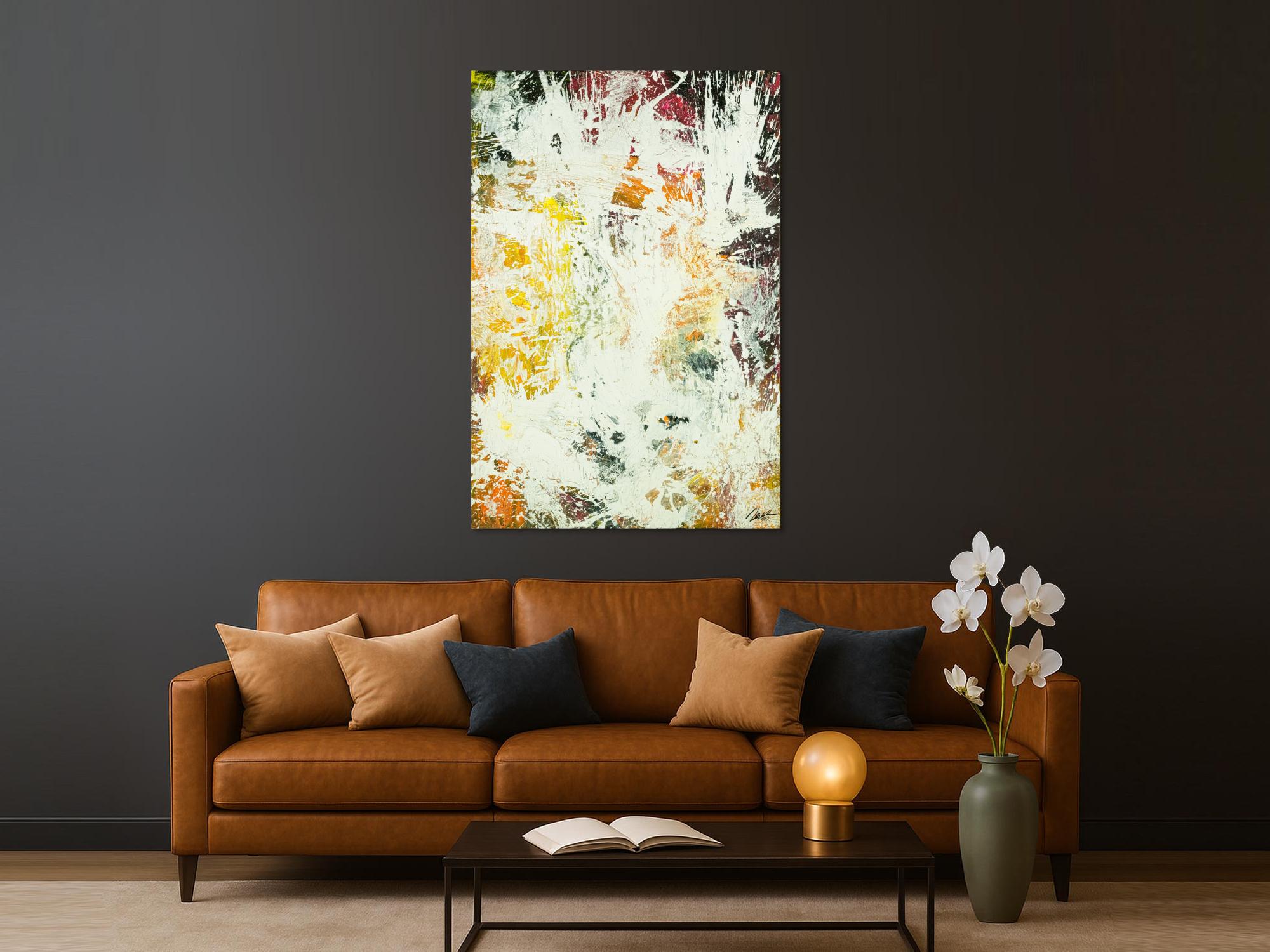 Abstraktes Original Gemälde 150x100cm Action Painting zeitgenössisch handgefertigt Mischtechnik weiß orange hochwertig