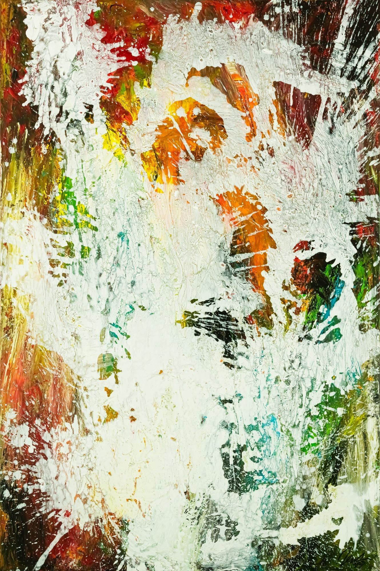 Gemälde Original abstrakt 150x100cm Action Painting zeitgenössisch auf Leinwand Mischtechnik weiß bunt orange einzigartig