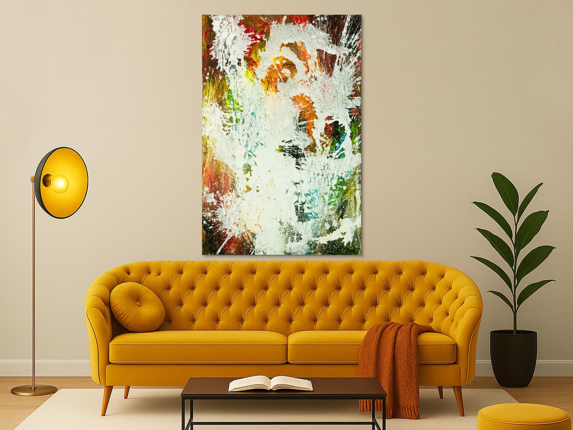 Gemälde Original abstrakt 150x100cm Action Painting zeitgenössisch auf Leinwand Mischtechnik weiß bunt orange einzigartig