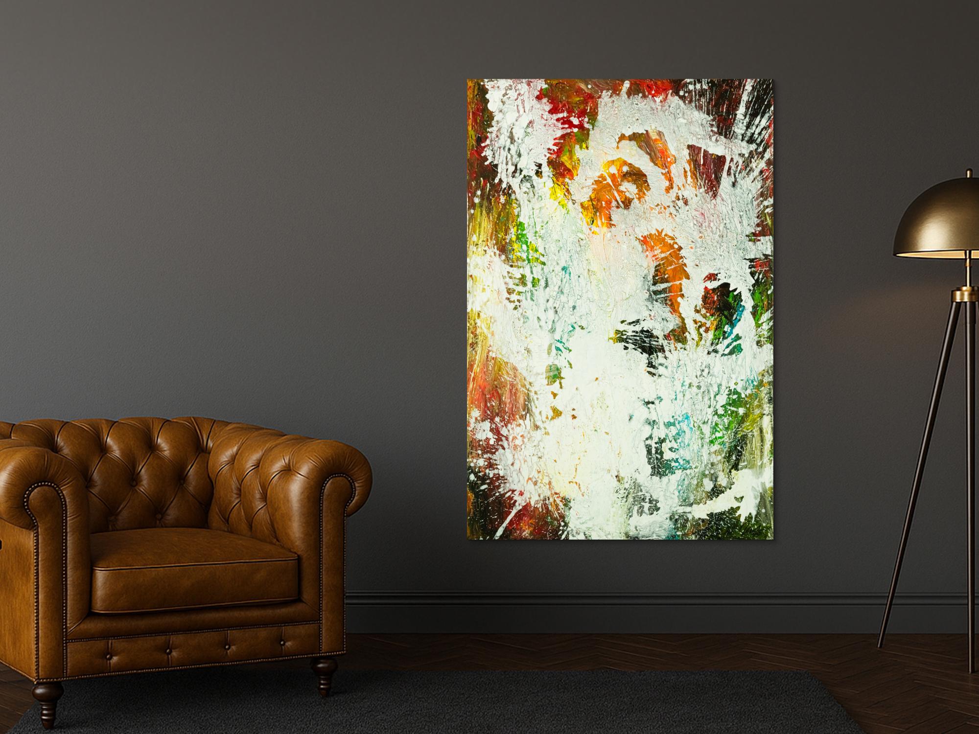 Gemälde Original abstrakt 150x100cm Action Painting zeitgenössisch auf Leinwand Mischtechnik weiß bunt orange einzigartig