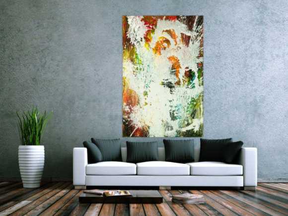 Gemälde Original abstrakt 150x100cm Action Painting zeitgenössisch auf Leinwand Mischtechnik weiß bunt orange einzigartig