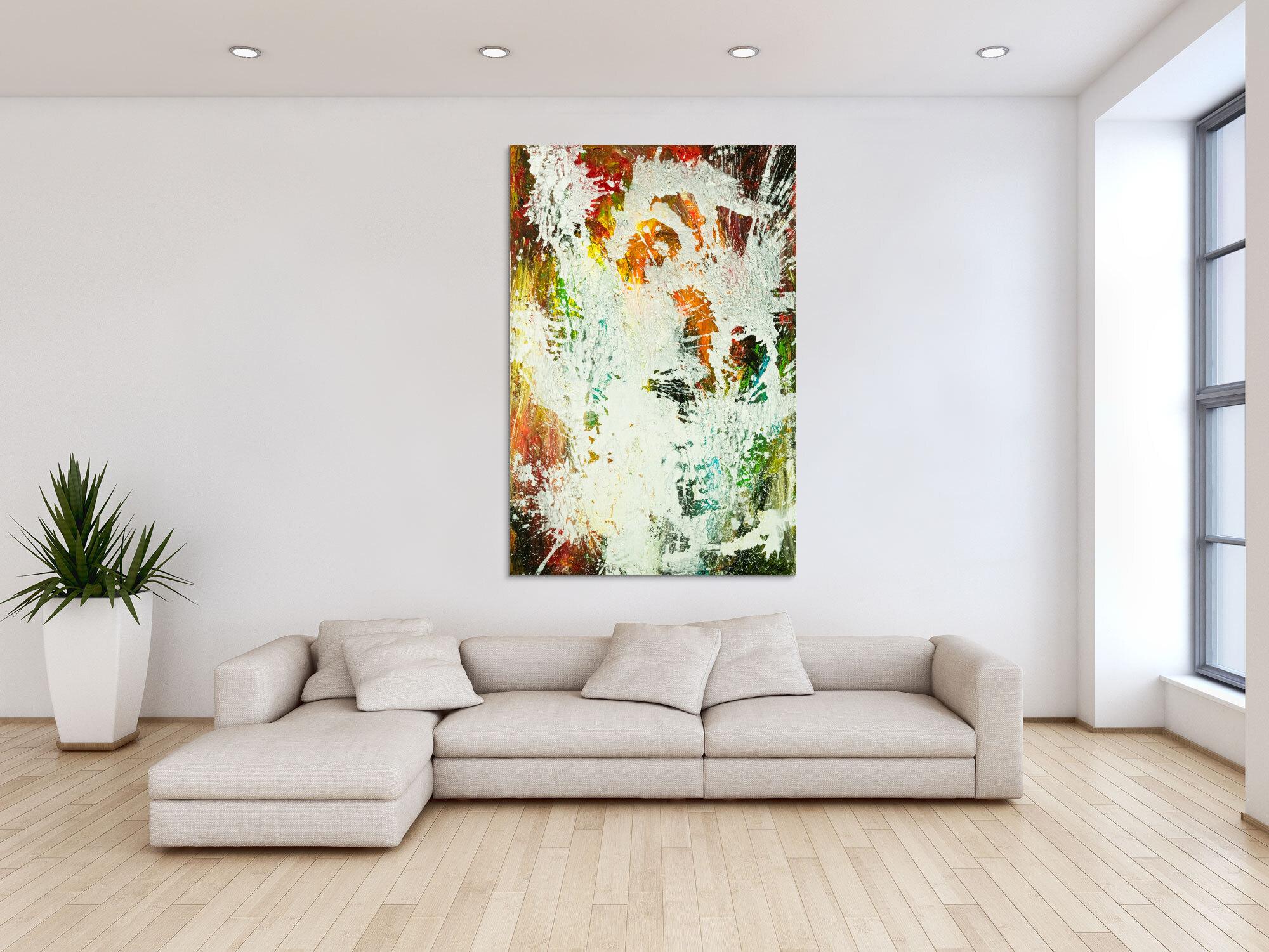 Gemälde Original abstrakt 150x100cm Action Painting zeitgenössisch auf Leinwand Mischtechnik weiß bunt orange einzigartig