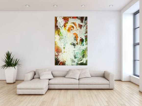 Gemälde Original abstrakt 150x100cm Action Painting zeitgenössisch auf Leinwand Mischtechnik weiß bunt orange einzigartig