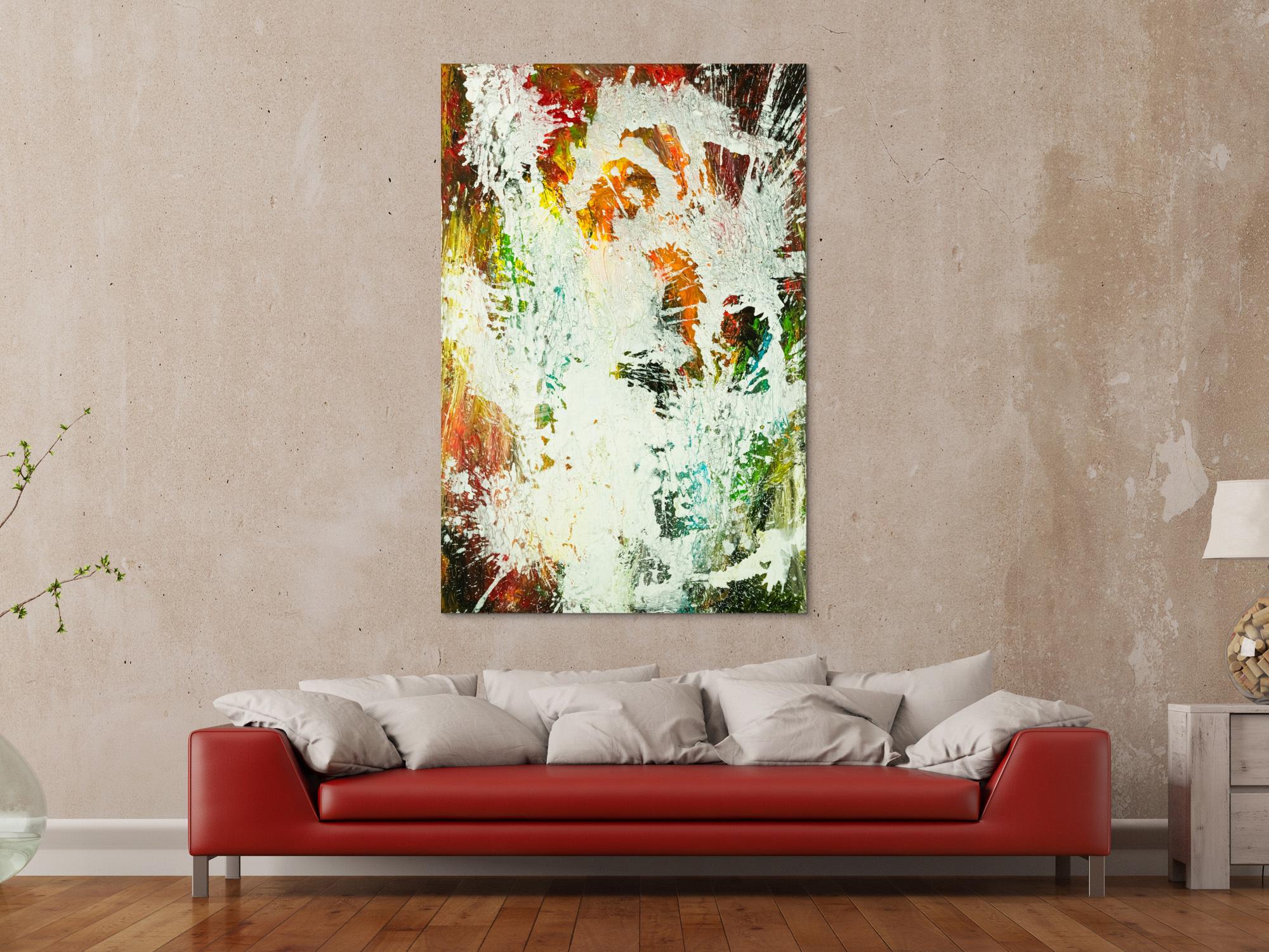 Gemälde Original abstrakt 150x100cm Action Painting zeitgenössisch auf Leinwand Mischtechnik weiß bunt orange einzigartig