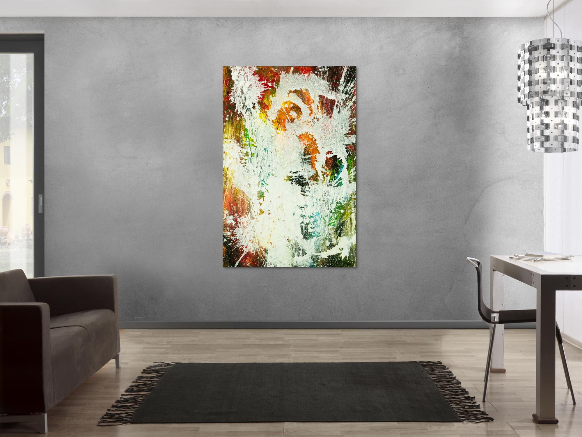 Gemälde Original abstrakt 150x100cm Action Painting zeitgenössisch auf Leinwand Mischtechnik weiß bunt orange einzigartig