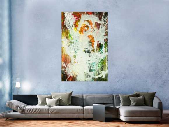 Gemälde Original abstrakt 150x100cm Action Painting zeitgenössisch auf Leinwand Mischtechnik weiß bunt orange einzigartig