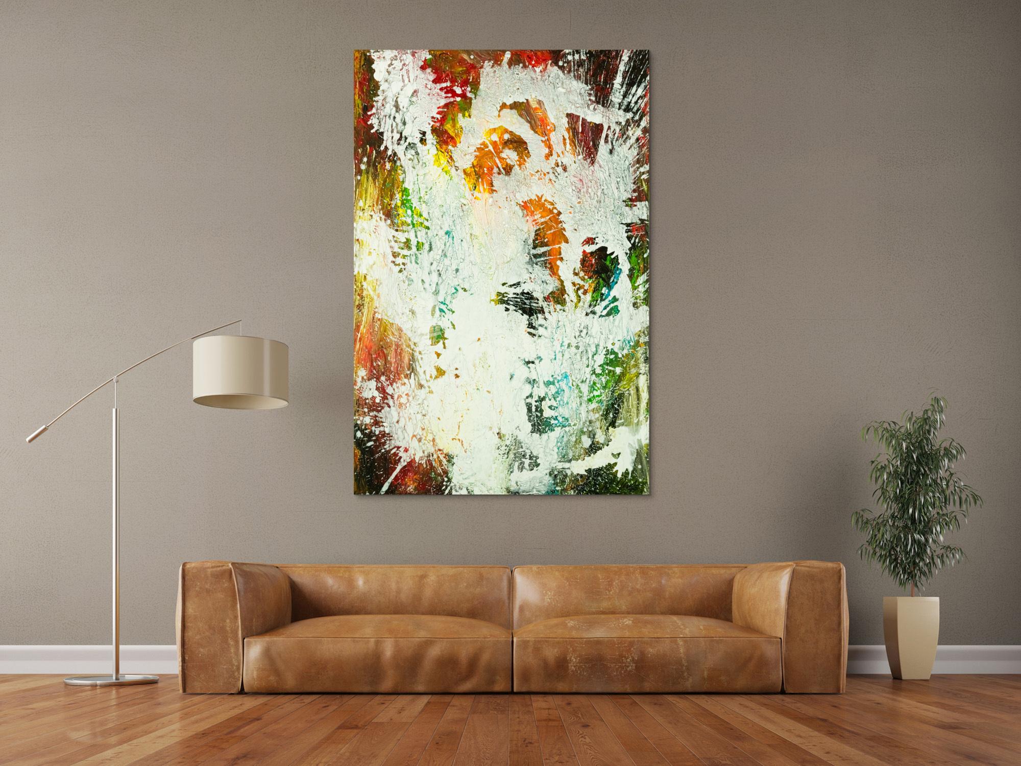 Gemälde Original abstrakt 150x100cm Action Painting zeitgenössisch auf Leinwand Mischtechnik weiß bunt orange einzigartig