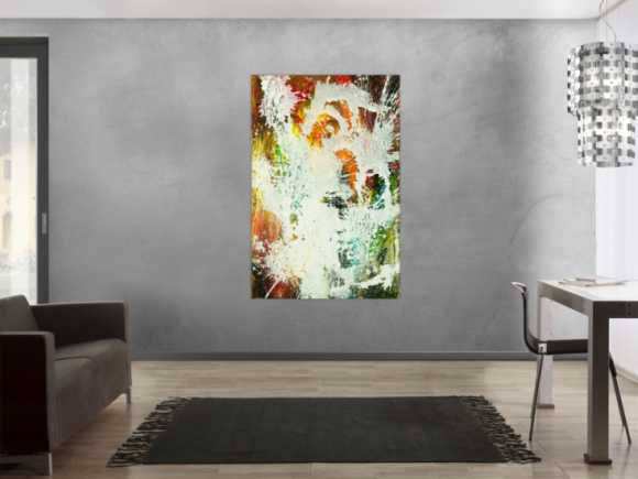 Gemälde Original abstrakt 150x100cm Action Painting zeitgenössisch auf Leinwand Mischtechnik weiß bunt orange einzigartig