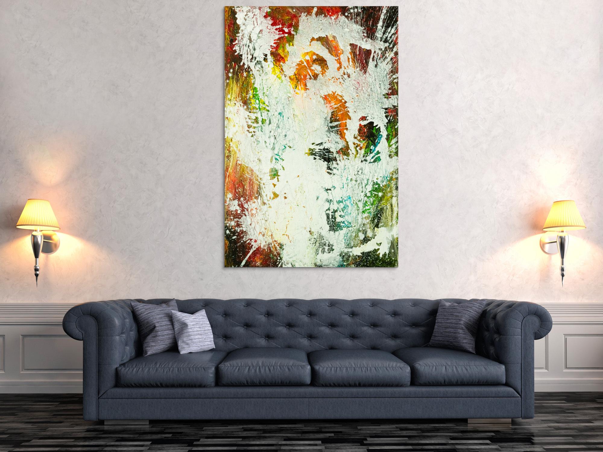 Gemälde Original abstrakt 150x100cm Action Painting zeitgenössisch auf Leinwand Mischtechnik weiß bunt orange einzigartig