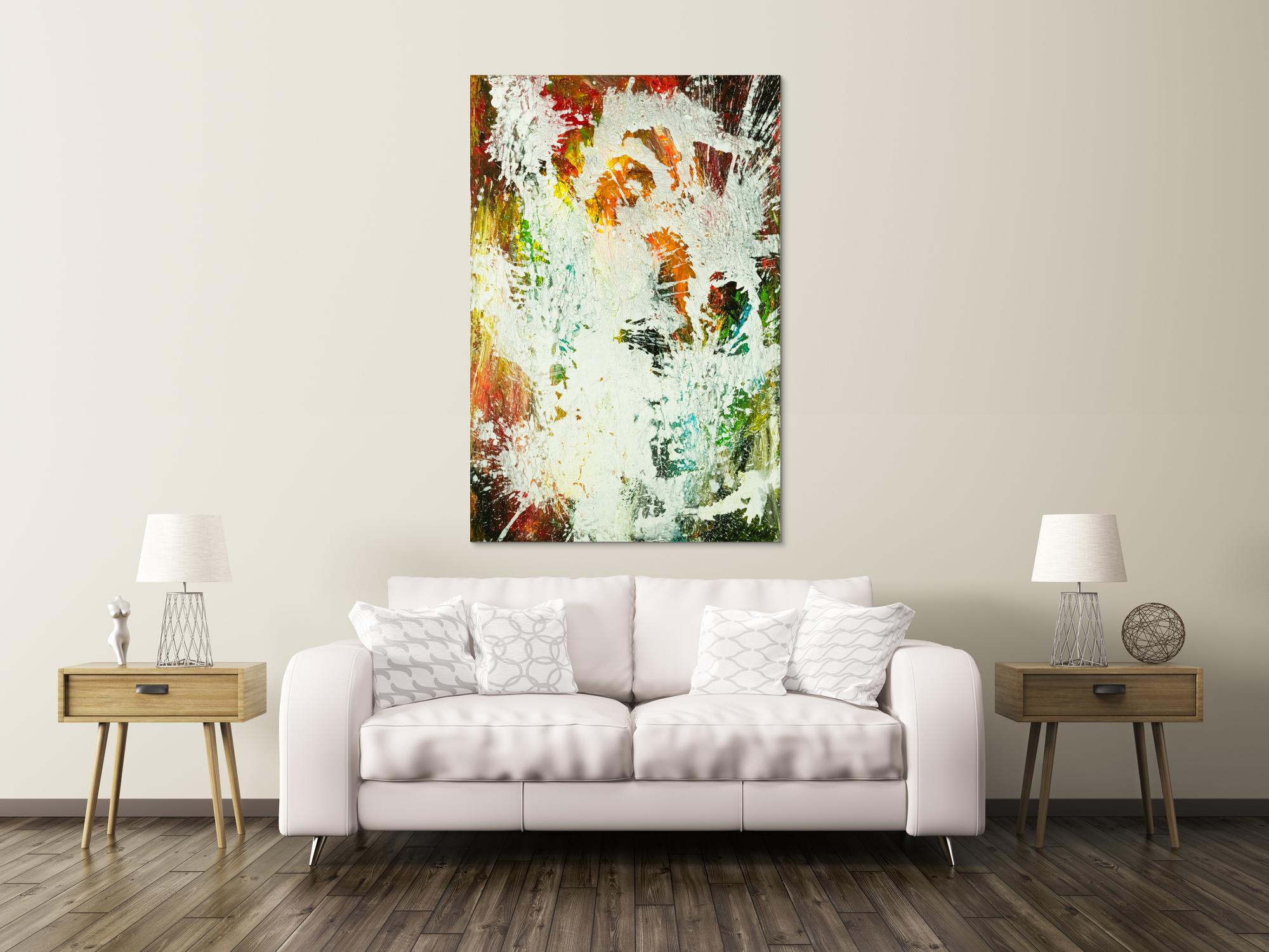 Gemälde Original abstrakt 150x100cm Action Painting zeitgenössisch auf Leinwand Mischtechnik weiß bunt orange einzigartig