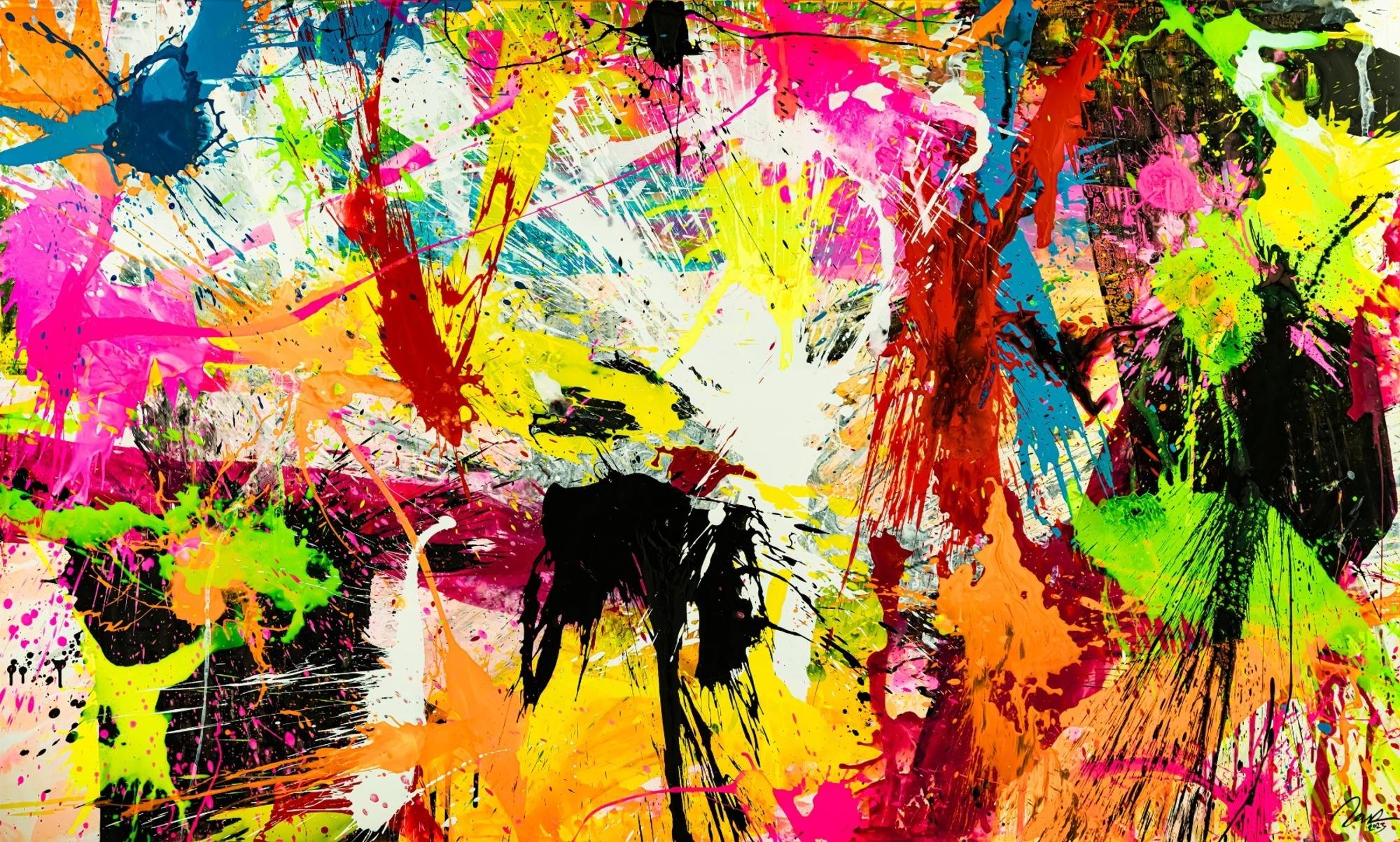 Abstraktes Acrylbild XXL 150x250cm handgemalt Action Painting Splash Art NEON Farben sehr bunt
