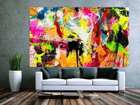 Abstraktes Acrylbild XXL 150x250cm handgemalt Action Painting Splash Art NEON Farben sehr bunt