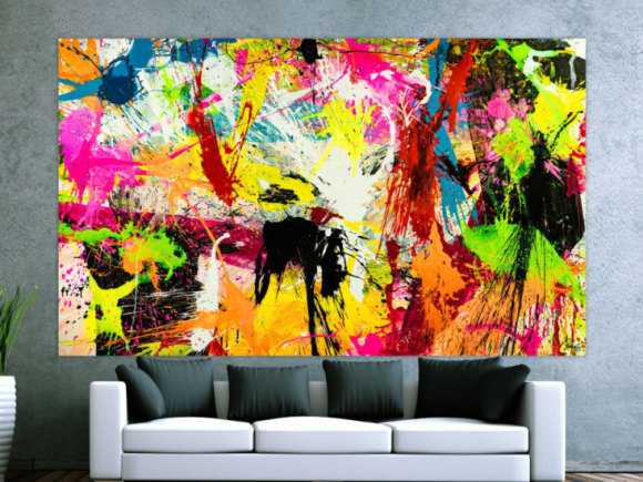 Abstraktes Acrylbild XXL 150x250cm handgemalt Action Painting Splash Art NEON Farben sehr bunt