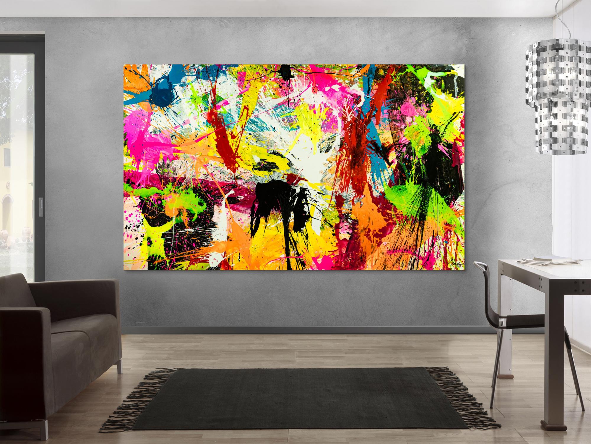 Abstraktes Acrylbild XXL 150x250cm handgemalt Action Painting Splash Art NEON Farben sehr bunt