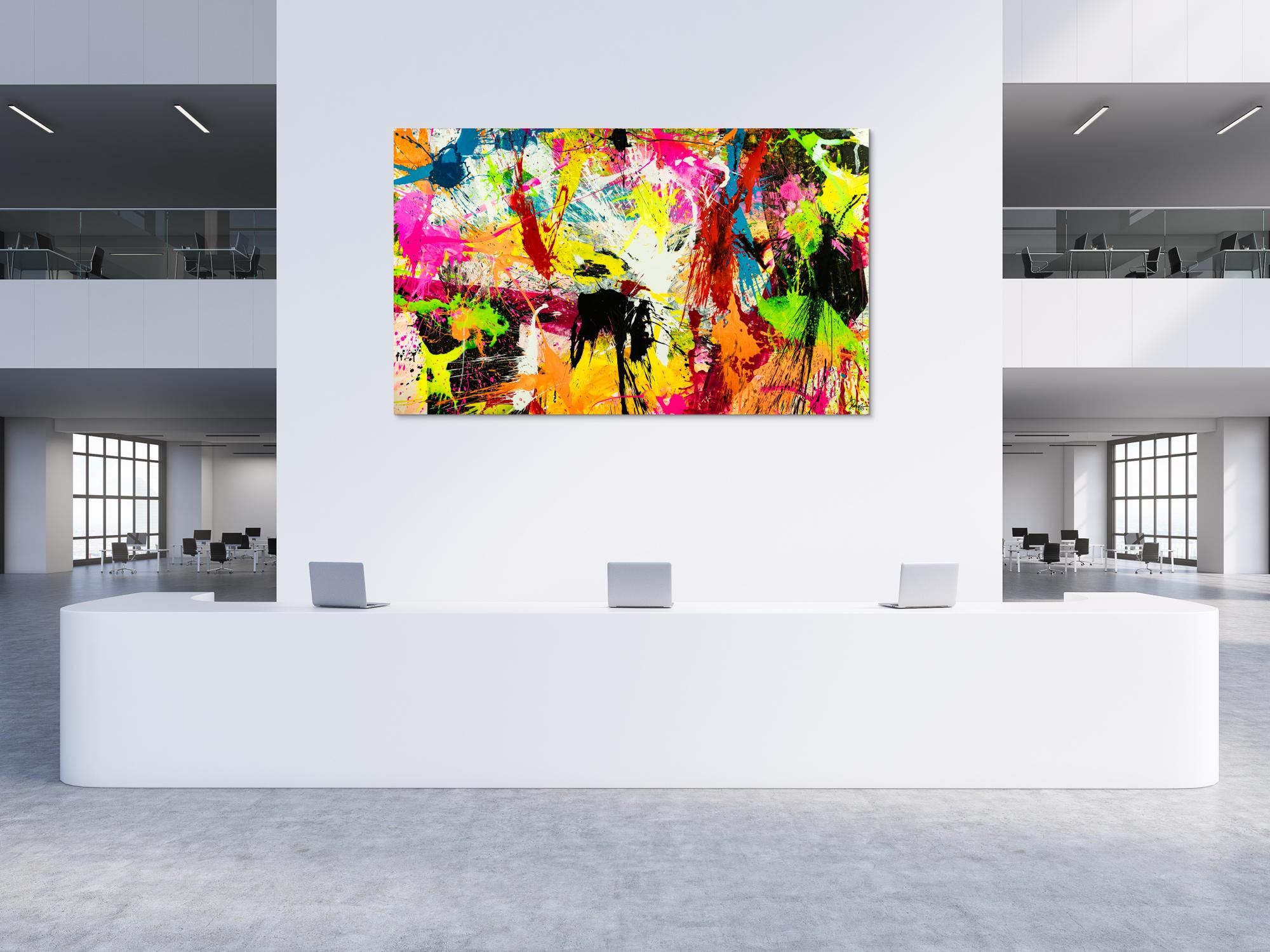 Abstraktes Acrylbild XXL 150x250cm handgemalt Action Painting Splash Art NEON Farben sehr bunt