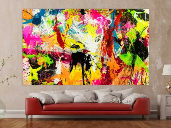 Abstraktes Acrylbild XXL 150x250cm handgemalt Action Painting Splash Art NEON Farben sehr bunt