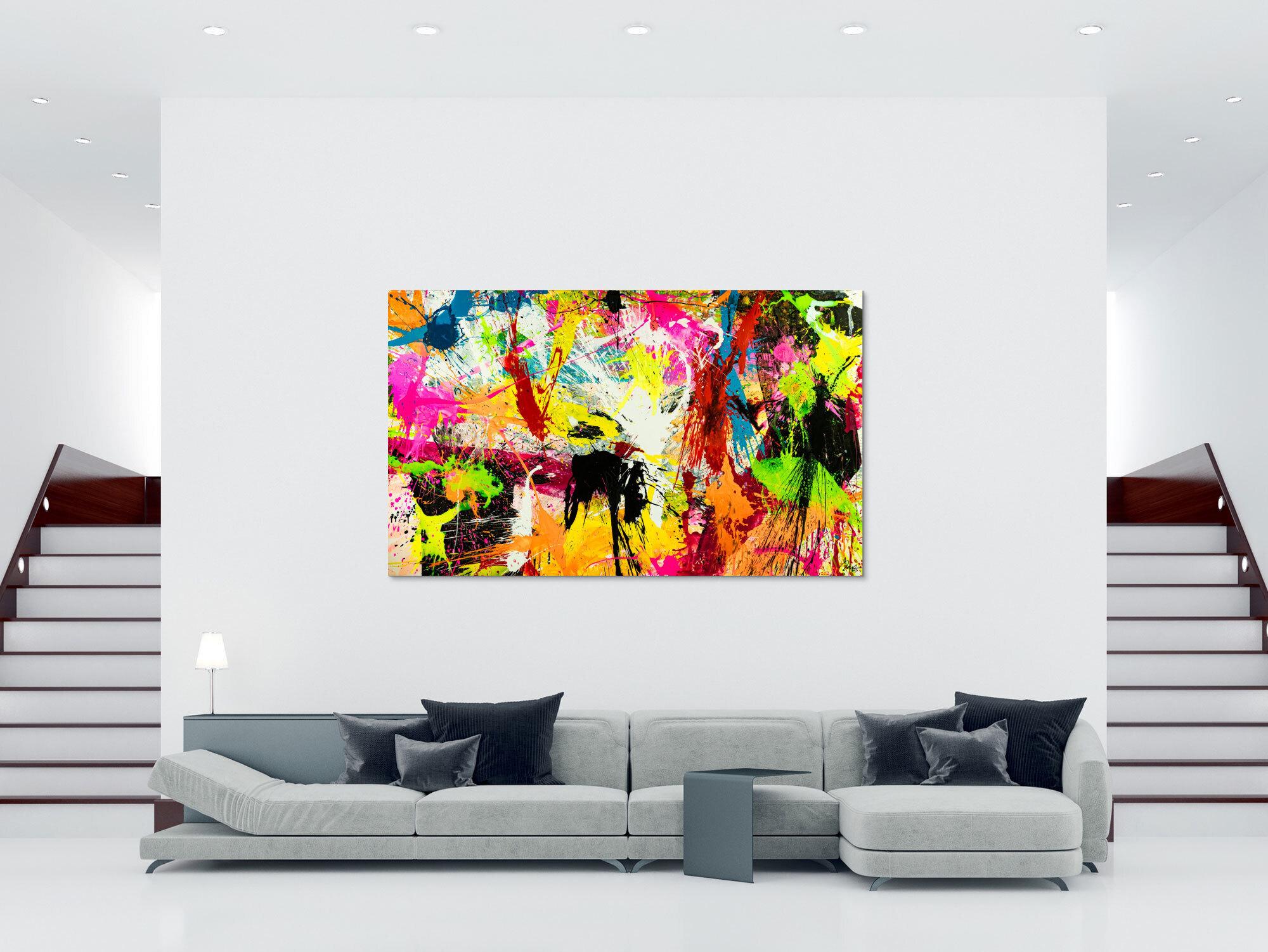 Abstraktes Acrylbild XXL 150x250cm handgemalt Action Painting Splash Art NEON Farben sehr bunt