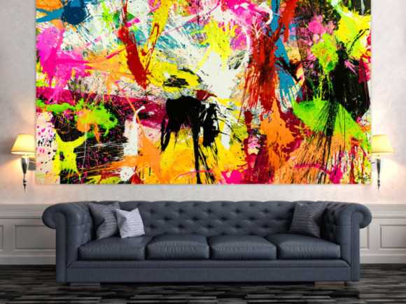 Abstraktes Acrylbild XXL 150x250cm handgemalt Action Painting Splash Art NEON Farben sehr bunt