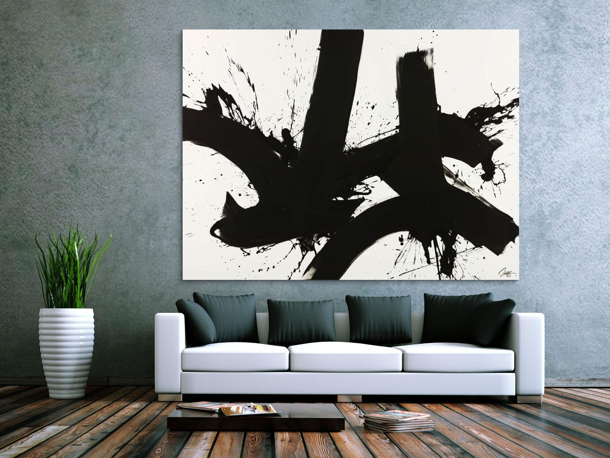 Gemälde Original abstrakt 150x200cm Minimalistisch expressionistisch handgemalt Action Painting schwarz weiss Unikat