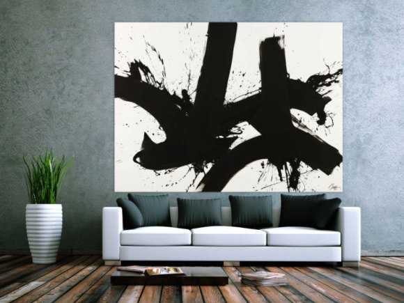 Gemälde Original abstrakt 150x200cm Minimalistisch expressionistisch handgemalt Action Painting schwarz weiss Unikat