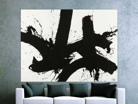 Gemälde Original abstrakt 150x200cm Minimalistisch expressionistisch handgemalt Action Painting schwarz weiss Unikat