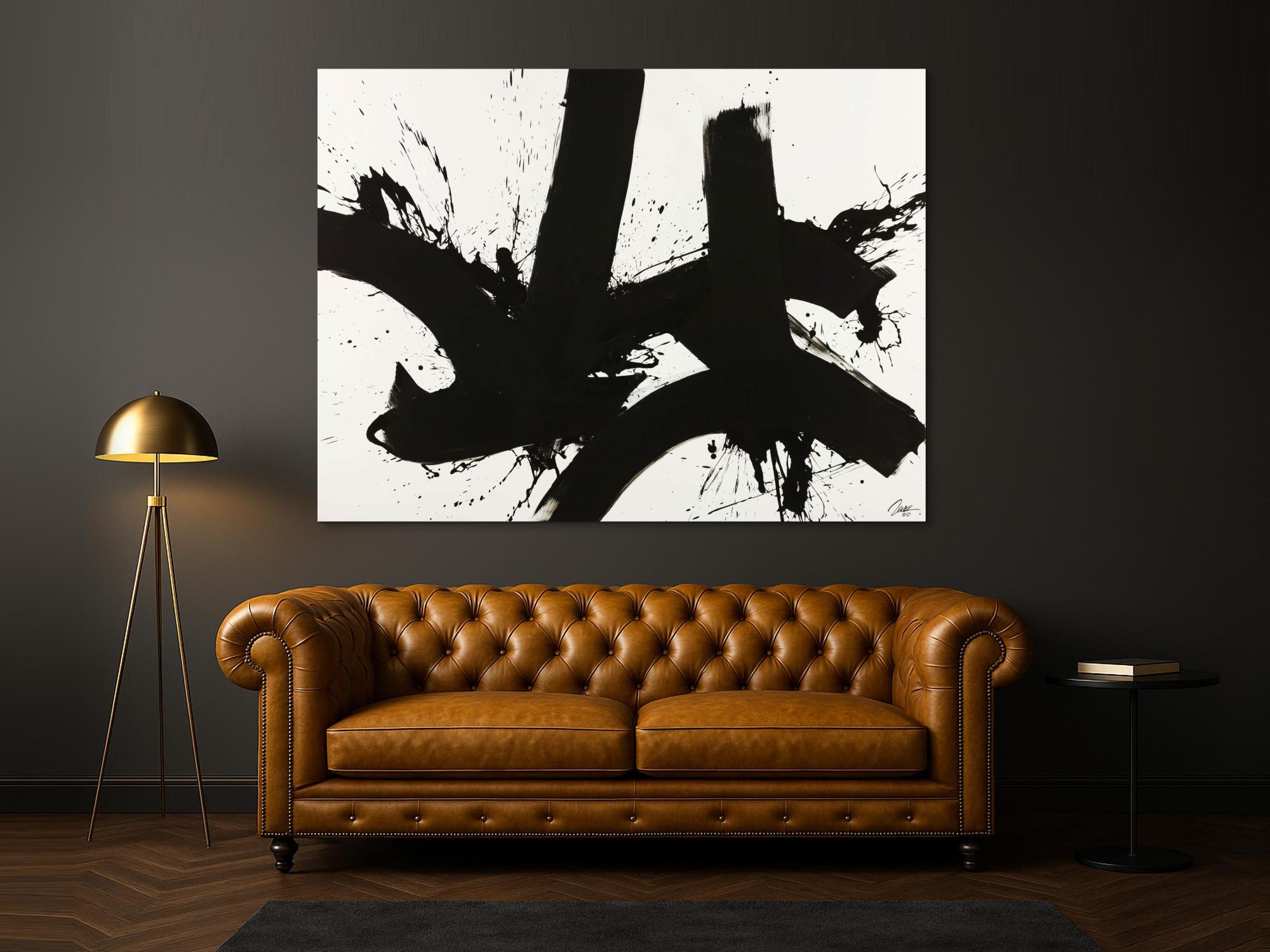 Gemälde Original abstrakt 150x200cm Minimalistisch expressionistisch handgemalt Action Painting schwarz weiss Unikat