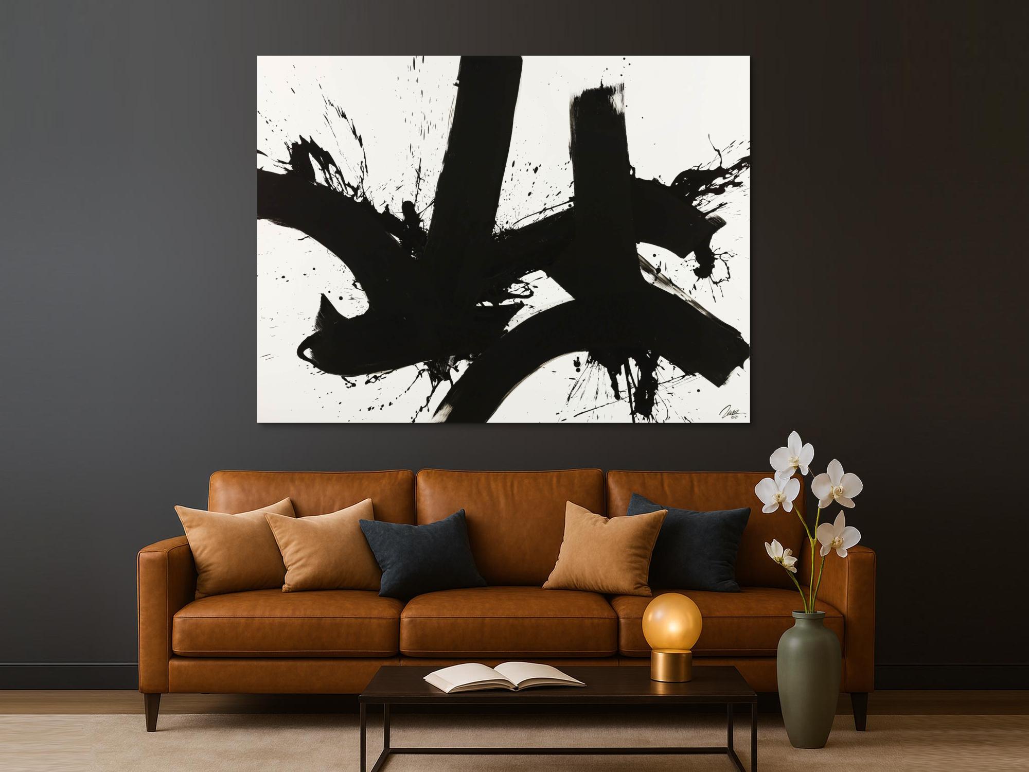 Gemälde Original abstrakt 150x200cm Minimalistisch expressionistisch handgemalt Action Painting schwarz weiss Unikat