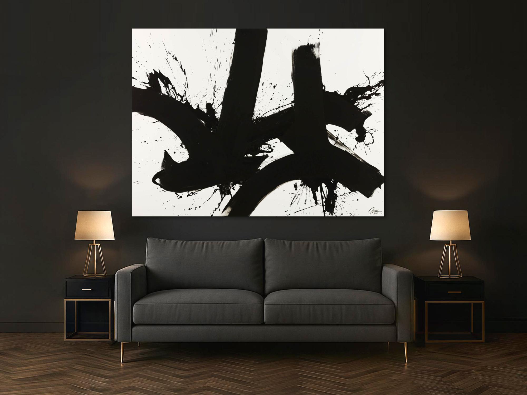 Gemälde Original abstrakt 150x200cm Minimalistisch expressionistisch handgemalt Action Painting schwarz weiss Unikat